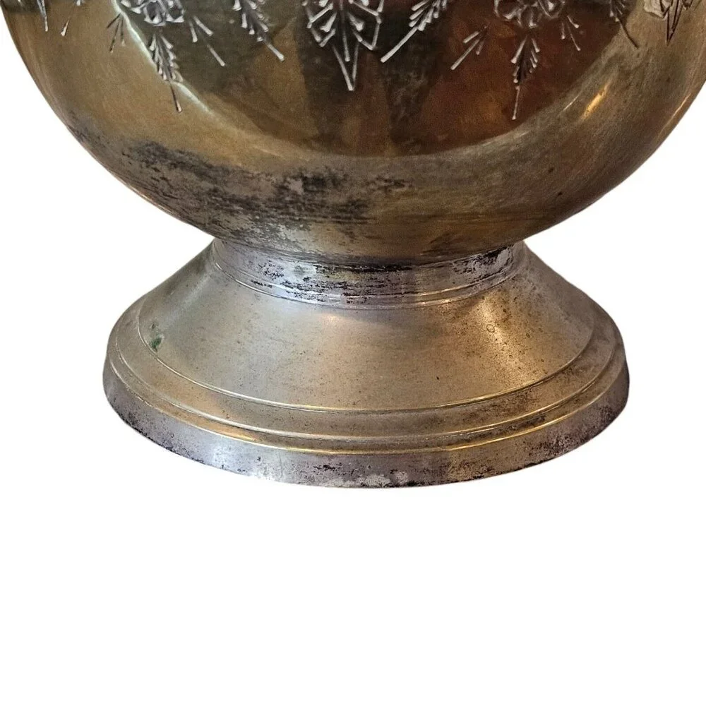 Vintage Etched Silver Plated Deco Bowl Vase With Handle Floral Design Art Nouvea